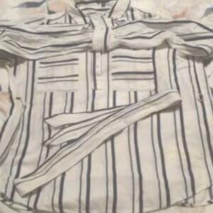 White and dark blue striped top/ blouse / fall / large / happy button down/ butt